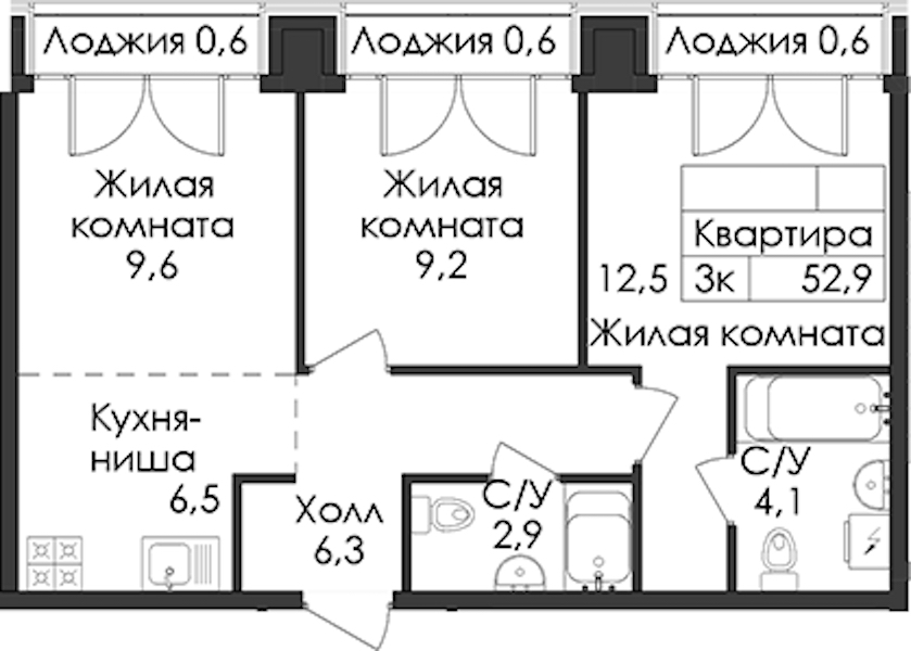 2-комнатная квартира 52.9 м², 9/9 эт., ЖК «Лермонтовский 54»